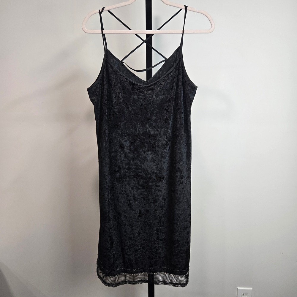 Mark Black Crushed Velvet Strappy Slip Dress Chain Mesh Hem Large Whimsigoth